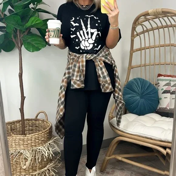 Black Halloween Bat & Skeleton Hand Graphic Tee - Picture 5 of 12